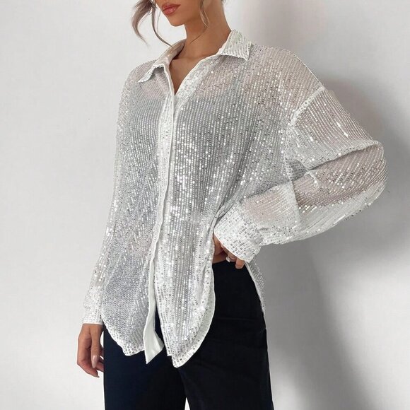Silver Party Women's Oversized Sequin Blouse - Picture 1 of 5